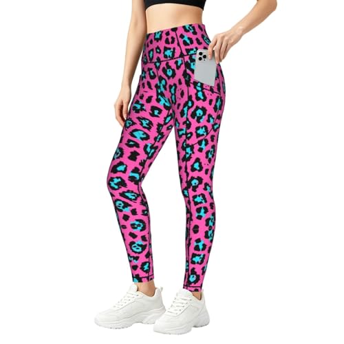 Leggings de leopardo turquesa para mujer con bolsillos, conjunto fitness para gimnasio
