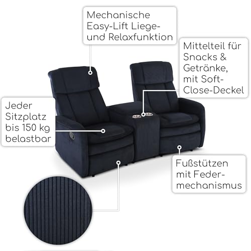 Raburg Kinosessel, 2er-Fernsehsessel mit Relaxfunktion & Liegefunktion, mechanisch, für 2 Personen, Taschenfederkern-Polsterung, Belastbarkeit je Sitzplatz 150 kg, Maxx, Cord-Mikrofaser|Nachtblau – Bild 5