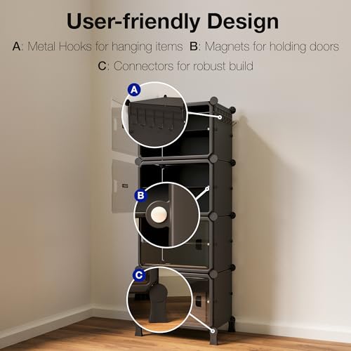 Image of BOXJOY 8 Shelf Black Shoe Rack with 4 Transparent Doors, Magnets and 5 Hook Steel Holder for Home Storage Box Organizer, Hard PET Plastic with Metal Door Frame, Shoe Chappal Slipper Sandals Stand