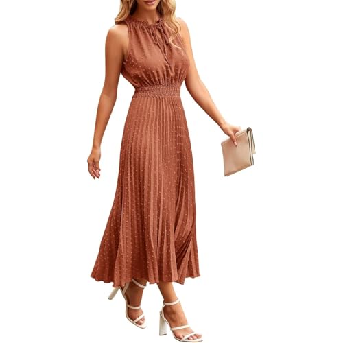 Sommerkleid Damen Lang Boho ärmellos Tunika Kleid Hohe Taille Rüschen Wickelkleid V Ausschnitt Strandkleid mit Gürtel Einfarbig Maxikleid A-Linien...