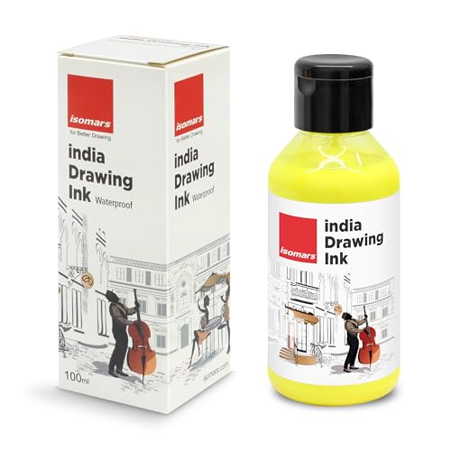 Image of Isomars India Waterproof Drawing Ink - Lemon Yellow- 100ML Bottled Ink, for Paper Board, Canvas,Fabric and Wood Ideal for Designers, Airbrush Artists, Illustrators, Fine Artists and Craft