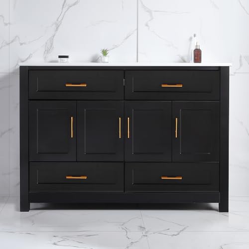 LUMISOL 48' Bathroom Vanity with Sink, Modern Bathroom Storage Cabinet with 4 Drawers & 4 Soft-Close Doors, Large Freestanding Bathroom Vanity with Ceramic Sink Top, Black