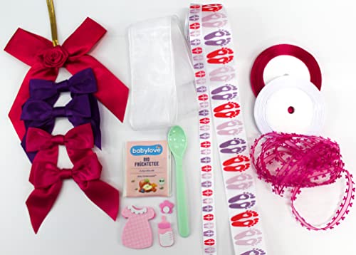 CaPiSo 16 Teile Dekoration Windeltorte Babyparty Schnullerparty Babyband Schleifenband Baby Schleifen+ Aufkleber (Girl 03)