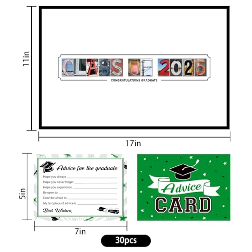 Image of DAZONGE Graduation Decorations Class of 2025 Green - 1 Graduation Card Box with 30 Graduation Advice Cards and 1 Guestbook Signature Board for Graduation Party Decorations Party Favors