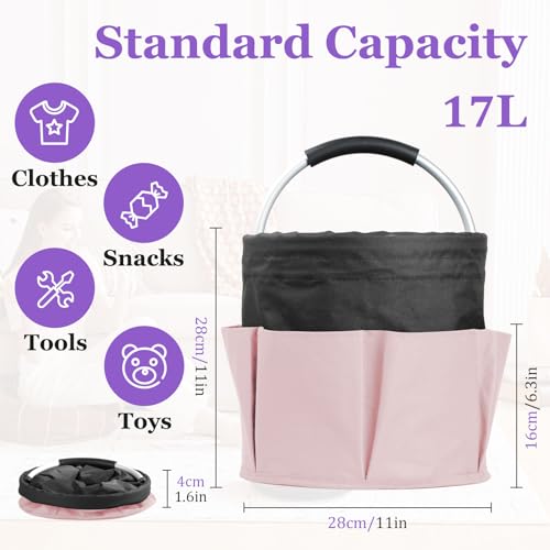 Image of 17L Cleaning Supply Caddy for Family, Portable Shower Caddy with Handle and 6 Pockets, Foldable Tool Bucket Organizer, Large Storage Basket for Camping, Gardening, Black with Pink