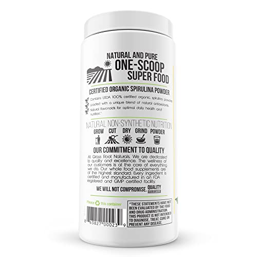 Grass Root Naturals Spirulina Organic Powder - Usda Organic Spirulina - 100% Pure Superfood, Non-Irradiated, Vegan, All-Natural And Non Gmo - Fresh Smell & Neutral Taste - 63 Servings #TOP2