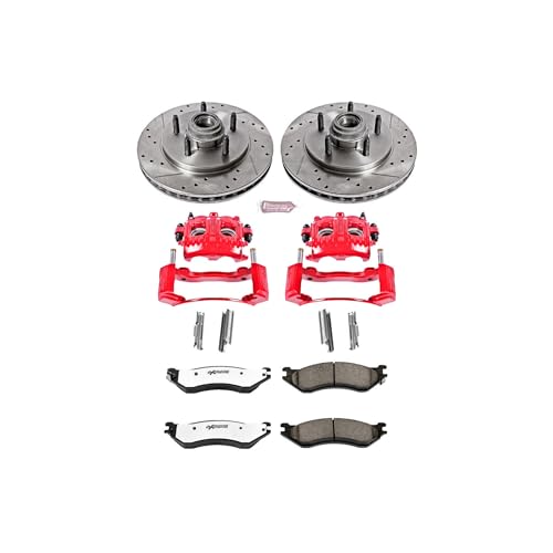 Image of PowerStop Front Brake & Caliper Kit for Ford Expedition 2000-02 |F-150 2000-03 |F-150 Heritage 2004 - Drilled & Slotted Disc Rotors + Z36 Brake Pads + Red-Powder Coated Calipers, KC1916-36