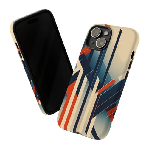 Coque iPhone 15 rigide mate lignes abstraites géométriques orange et bleu - 2