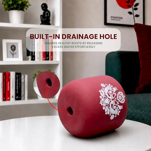 Image of Urban Plant Red Folk Art Handcrafted Terracotta Planter | Hand Painted Artisan Indoor Clay Pot for Living Room | Unique Decorative Flower Pot | Home Decor Gift | Drainage Hole | 4.5 Inch