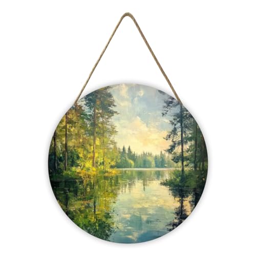 Honozo Lake & Trees Art Wood Circle Sign 8x8 Inch,