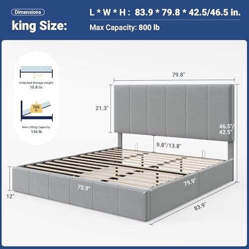 Image of Allewie King Size Velvet Lift Up Hydrualic Storage Bed Frame, Grey