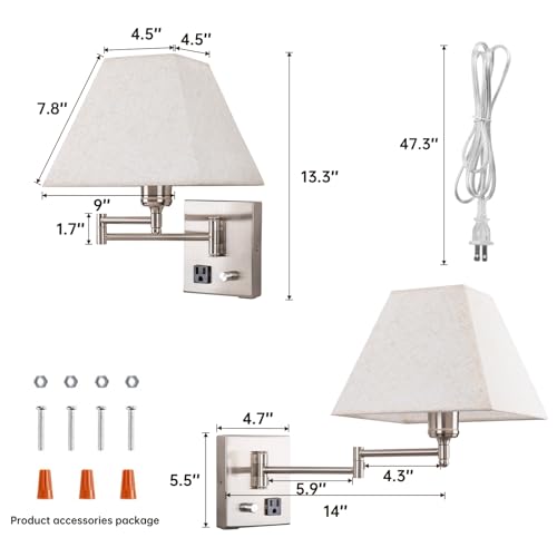 Plug in Wall Light,Swing Arm Wall Sconces, Modern Wall-Mounted Lamp with Dimmable Switch and USB Port for Bedroom, Living Room and Hotel,Satin Nickel Finish - Image 5