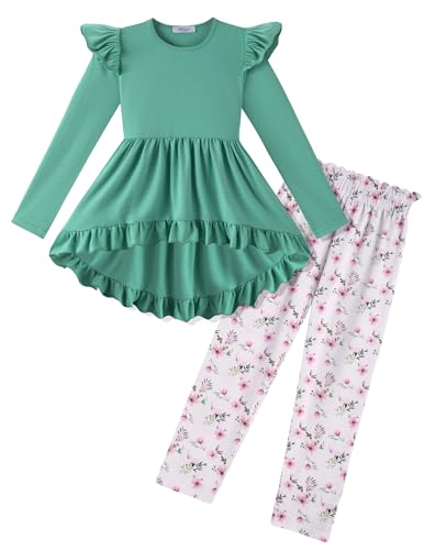 Image of Arshiner Toddler Girl Clothes Ruffle Long Sleeve Top and Floral Print Leggings 2Pcs Kids Fall Clothing Sets 2-3t Green