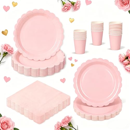 QIFU Vaisselle Jetable Anniversaire Rose - 96pcs Assiettes Jetable Anniversaire Rose Pink Assiette Carton, Gobelets, Serviettes pour Decoration Baby Shower Fille...