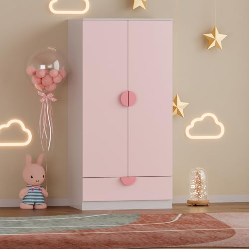 [en.casa] Armoire pour Enfants avec 2 Portes avec Poignées Centrales Barre de Penderie Tiroir Dressing Rangement MDF Panneau de Particules 123 x 60 x 40 cm...