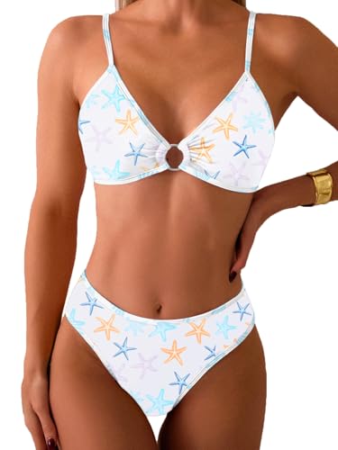 Image of Fanuerg Women's Triangle Bikini Sets O Ring Linked Two Piece Swimsuits Floral Printed Cheeky Bathing Suit