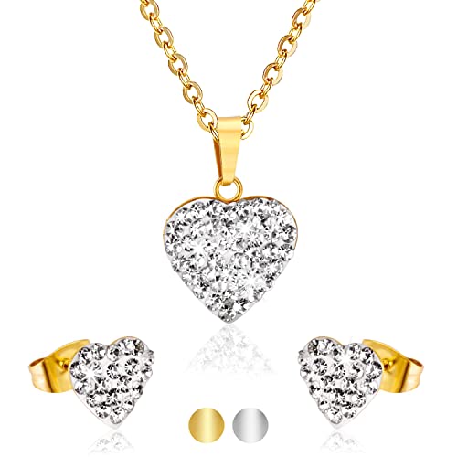 Damenschmuckset, Kette mit Herzanhänger und passenden Ohrringen, Edelstahlschmuck mit Zirkonen, WATERPROOF, Herzkette und Ohrringe,Herzschmuck, Damengeschenk (GOLD) Cover