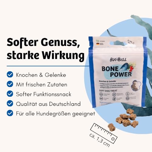 BugBell Getreidefreier Hundesnack für Knochen & Gelenke 60g, bei Arthrose, Patellaluxation, mit Grünlippmuschel & Spirulina & Weidenrinde & Teufelskralle