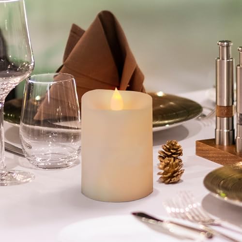 Image of 3x4 Flickering Flameless Candles Set of 1,4 inch Real Wax LED 600 Hours Battery Candles with Timer Remote,Control for Wedding Party Indoor,Ivory