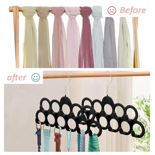 ManGotree Samt-Schalbügel, Schal-Organizer, Beflocktes Samt-Finish, Schalhalter mit 11 Schlaufen und Haken für Schals, Schals, Krawatten, Gürtel oder anderes Zubehör,Schwarz,2er-Pack