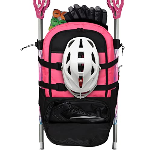 Exxact Sports Lacrosse Bag With Two Stick Holders, And Separate Cleats Compartment | Field Hockey Equipment Bag | Lacrosse Bag Backpack | Field Hockey Bags | Lacrosse Stick Bag | Youth & Adult (Pink) #TOP3