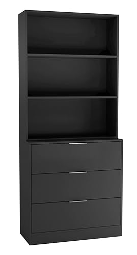 URBNLIVING 60/80cm 3 Drawer Tier Wooden Storage Chest Cabinet & Display Bookcase Shelving - Black Drawers & Black Bookcase - 60cm