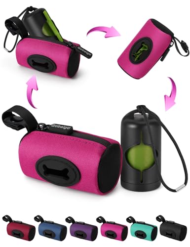 Gobeigo 2-in-1 Dog Poop Bag Holder - Hard Plastic Insert & Fabric Outer Bag | One-Pull Smooth Dispensing (No More Stuck Waste Bags) | Snap-On Strap Fits Retractable/Standard Leashes (Hot Pink)