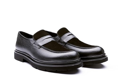 Image of Men's Leather Penny Loafers with Lug Sole - Slip-On Casual Dress Shoes, Full-Grain Leather & Suede Upper, Comfortable Rubber Sole
