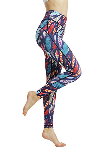 FLYILY Femmes Imprimé Pantalon de Yoga,Legging de Sport pour Femme Slim Fit Taille Haute Opaque Fitness Course Collants Compression(7-Leaves,XL)