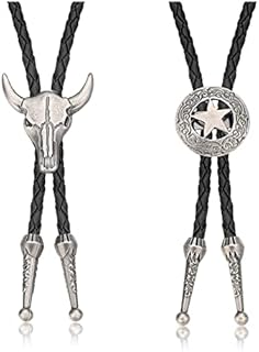 MILACOLATO 2Pcs Leather Tie Necktie Cow Skull Texas Ranger Star Chain for Men Rodeo Bolo Tie Necktie