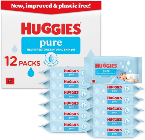Huggies Pure Plastic Free Baby Wipes - Pack of 12 (576 Wipes) – 99% Water Wet Wipes, Fragrance Free, Hypoallergenic, Better Cleaning, Soft and Gentle on Babies' Delicate Skin