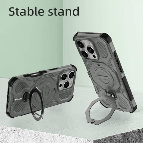 Image of KARWAN Tough Shockproof Armor Back Case Cover Compatible with iPhone 16 Pro Max with 360 Degree Rotation Magnetic Attraction Ring, Holder Heavy Duty Rugged Cover with MagEaze Wireless Charging (Grey)