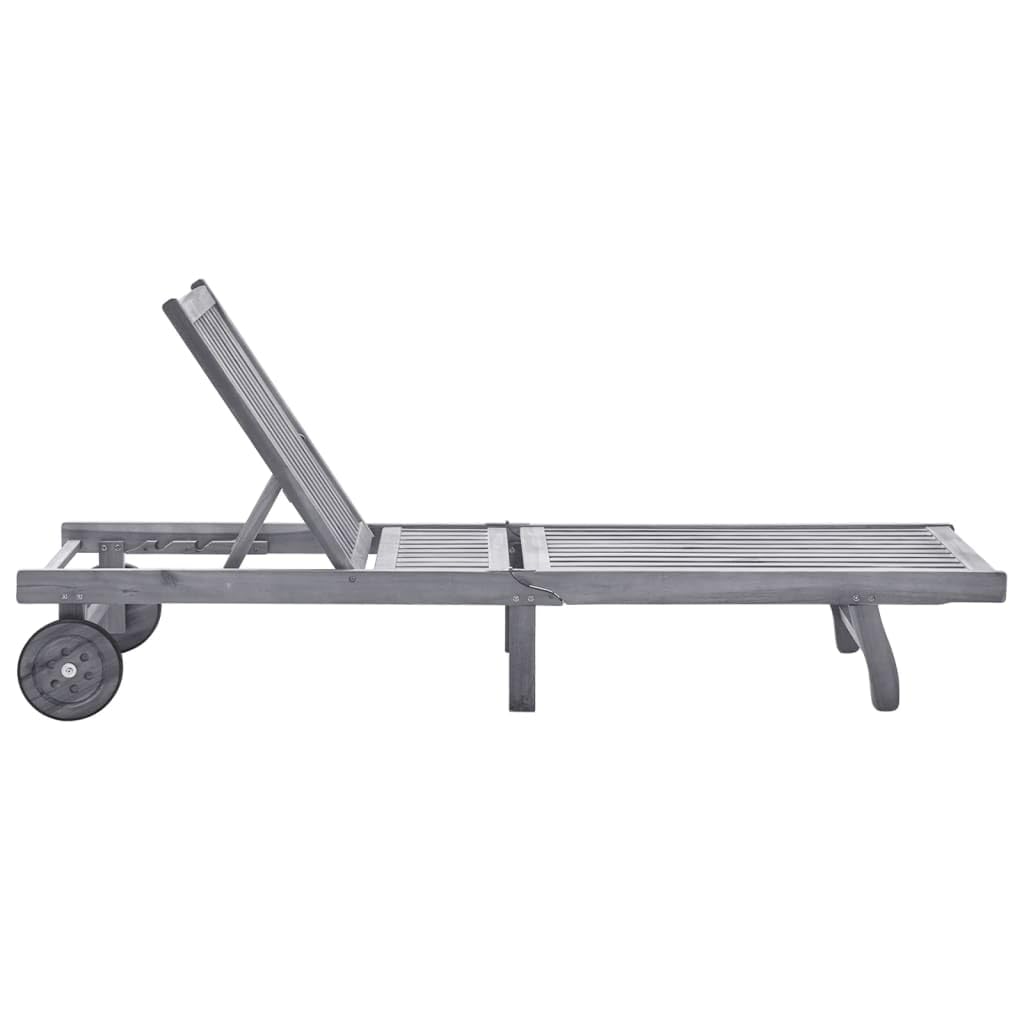 Ogrodowy leżak z poduszką szary lite drewno akacjowe regulowane oparcie z kółkami do ogrodu patio basenu wytrzymały 200x59/63x30/62/76/85 cm