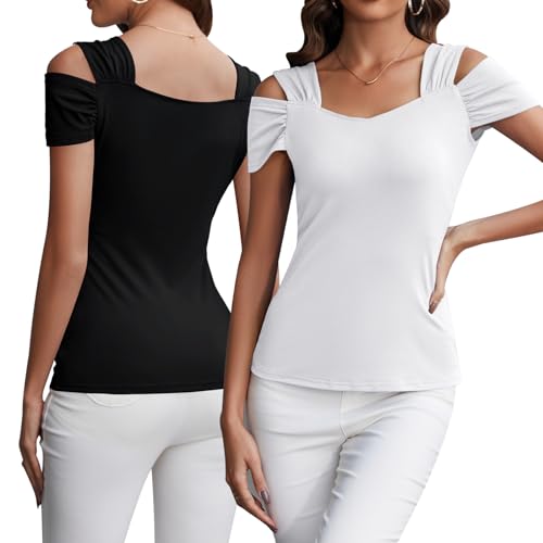 Image of Blingfit Cold Shoulder Tops Summer Tunic Shirts for Women T Shirts V Neck Short Sleeve Casual Tees Blouses 2026