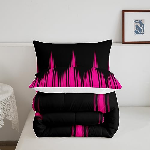 Image of Rose Pink Ombre Comforter Set Full Size, Ombre Striped Comforter Abstract Pink and Black Comforter Kids Toddler Pink Stripe Duvet Set Breathable Bed Set 3Pcs