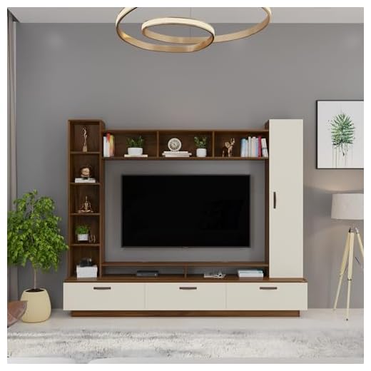 BLUEWUD Fenily Engineering Wood Floor Standing TV Entertainment Unit Set Top Box Stand/TV Cabinet with Shelves for Books & Décor Display Unit Bed Living Room Upto 60 Inches (Brown Maple & Beige)