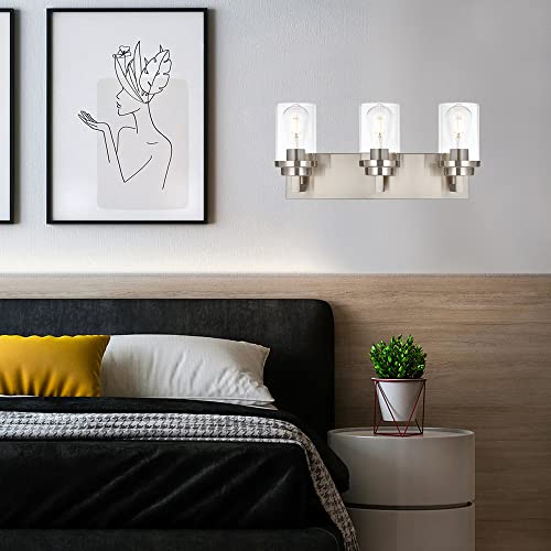 Image of MELUCEE 3-Light Vanity Lights Brushed Nickel with Clear Glass Shade, Modern Bathroom Light Fixtures Industrial Wall Light for Bedroom Kitchen Living Room