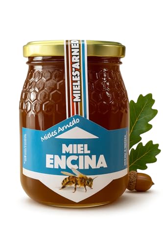 FAMILYCOM. Miel de Abeja Pura 100% Natural y Orgánica, Miel de Azahar, Encina, Romero y Tomillo. Cruda 1Kg Sin filtrar, Alta Concentración de Minerales. Sin pasteurizar. Artesana.(Encina)