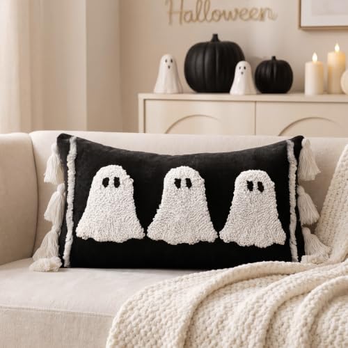 Bunny Chorus Halloween Lumbar Pillow Cover: Black and White Ghost Pillow Covers with Tassels Cotton Linen Halloween Throw Pillow Covers 15x20 for Couch Sofa Bed Cute Halloween Home Decorations