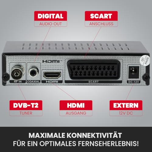[ Test SEHR GUT, Note 1.1 *] AXRED T90 HD DVBT2 Receiver mit PVR Aufnahmefunktion, DVBT Reciever für DVB-T & DVB-T2 Antennen, DVB T Receiver für TV Fernseher Radio DVB T2 Antenne, HDMI SCART USB