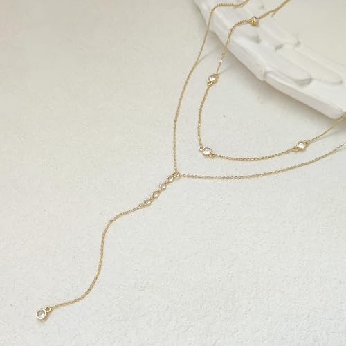 Zeffy Lariat Gold Necklace for Women, Dainty Long Necklace 14k Gold/Silver Plated Layered CZ Beaded Bar Chain Y-Shaped Body Chain Stack Drop Wedding Necklace Trendy Simple Gold Jewelry Gifts 6