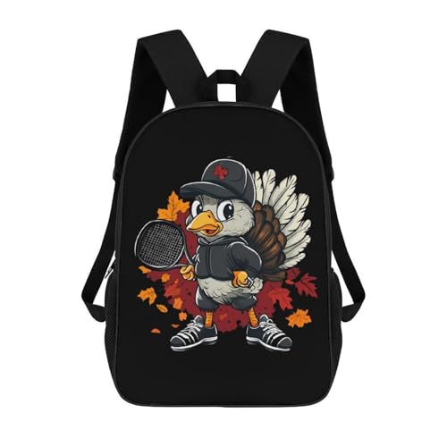 Cute Turkey Playing Tennis 17 Inch Backpack Classic Travel Daypack with Adjustable Shoulder Straps for Men Women