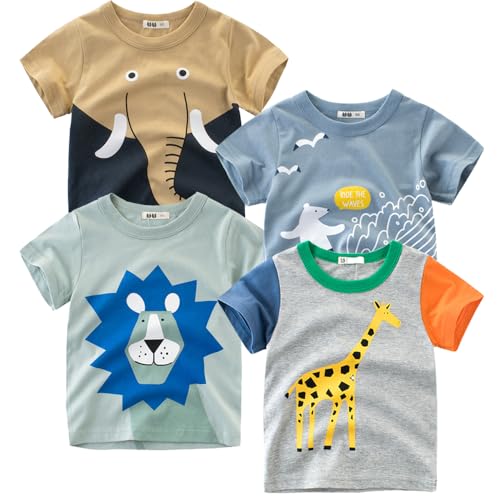 GFQLONG Toddler Baby Boys 3 Pack Crewneck Cotton Short Sleeve T-Shirt, Baby Summer Cute Cartoon Print Tees Shirts,4PCS-Elephant,3-4T