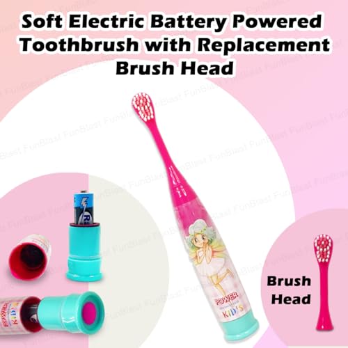 Image of FunBlast Cartoon Electric Toothbrushes For Girls,Vibrating Motion Toothbrushes With Replacement Brush Head,Soft Electric Battery Powered Toothbrushes For 3+ Years Kids (Battery Included,Pink),1 count
