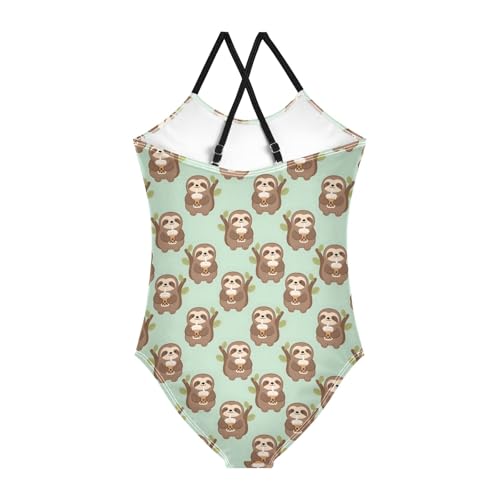 senya Girls Swimsuits One-Piece Swimwear Tie Bathing Suit Beach Summer Round Neck 7-8T Sloth Milk Tea Pattern2