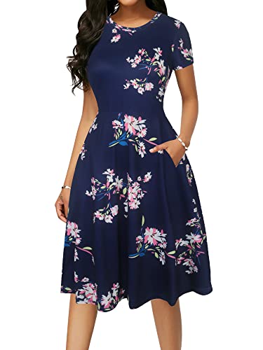 Image of oxiuly Women Casual Dress Round Neck Soft Cotton Floral A-Line Midi Summer Dresses with Pockets OX262