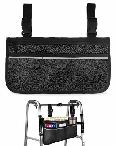 Vintage Solid Black Leather Wheelchair Side Bag Retro Cowhide Texture Wheelchair Accessory Bag to Hang on Side with Reflective Strip for Wheelchair - Ideal Gift for Seniors