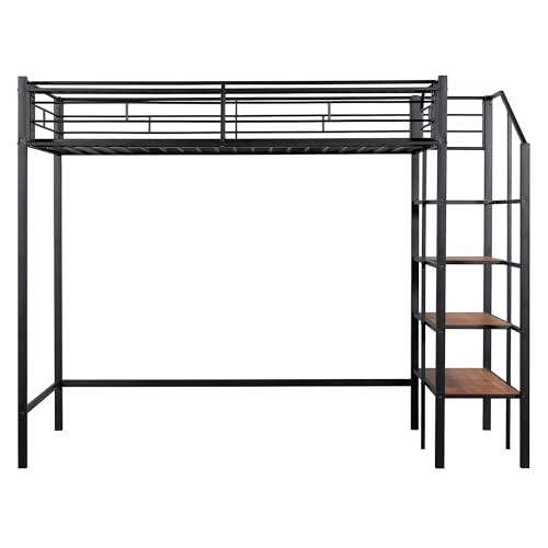 Image of Bellemave Twin Size loft Bed with Storage Stairs and Upper Grid Storage Shelf, Metal Twin Loft Bed Frame for Adults, Kids, Teens, Black