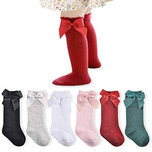 Image of Mini angel Baby Girl Knee High Socks 5/6/8 Pairs Knit Tube Socks Ruffled Hollow out Long Stockings with Bow