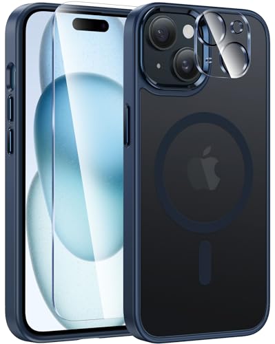 Image of FNTCASE for iPhone 15 Case Matte: Magnetic Frosted Translucent Slim Shockproof Cell Phone Cover | Military Grade Full Protection Drop Proof Tough Protective Cases - 6.1 inch Blue